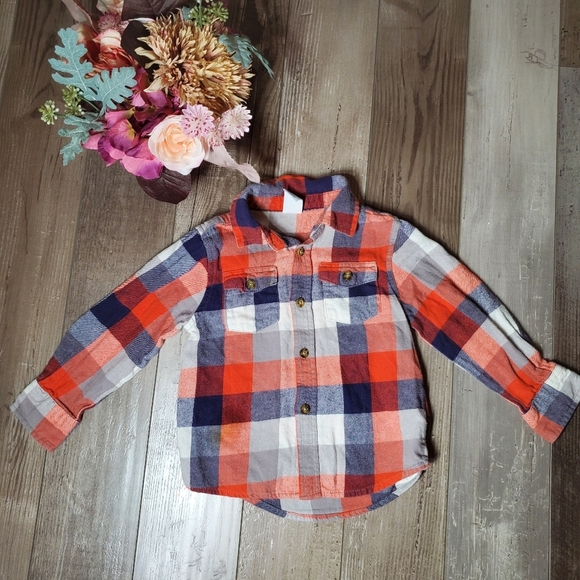 Healthtex Orange Blue White Checked Plaid Button Down Flannel Shirt Size 4T EUC - Picture 13 of 15